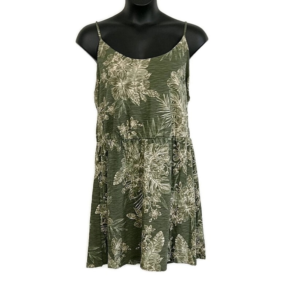 Old Navy Cami Dress Women XXL Olive Green Tropical Floral Cotton Slub Sleeveless